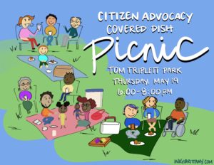 The invitation is a an illustration of diverse people picnicking together - some are sitting on picnic blankets, some are using a wheelchair, a very diverse crowd sharing food together on a beautiful spring day.